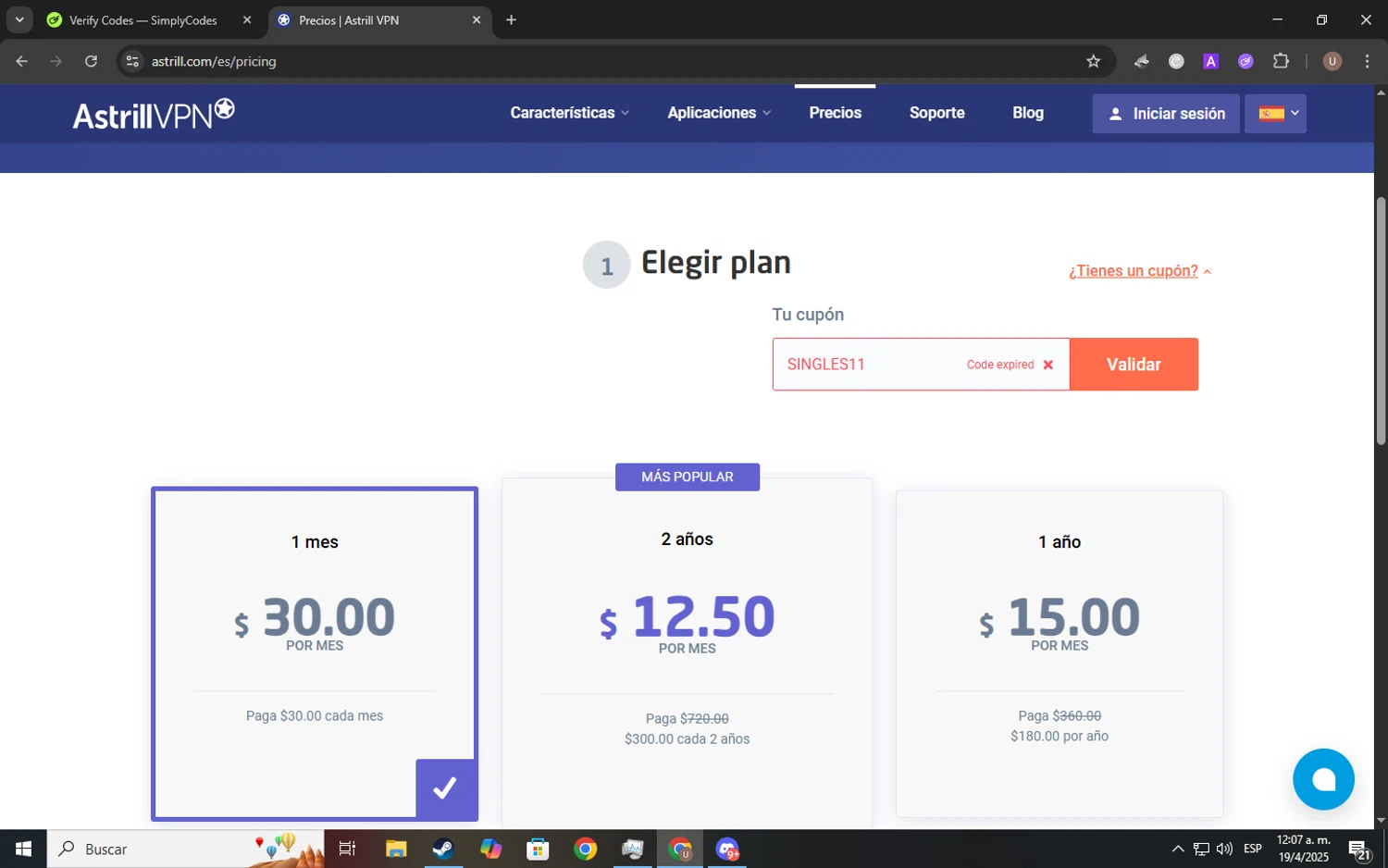 Astrill VPN promo code screenshot showing code SINGLES11 applied at Astrill VPN checkout page. Uploaded by SimplyCodes community member Kelvis_Vargas on Apr 19, 2025
