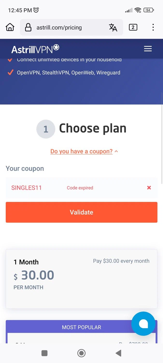 Astrill VPN promo code screenshot showing code SINGLES11 applied at Astrill VPN checkout page. Uploaded by SimplyCodes community member Phoenix585 on Mar 5, 2025