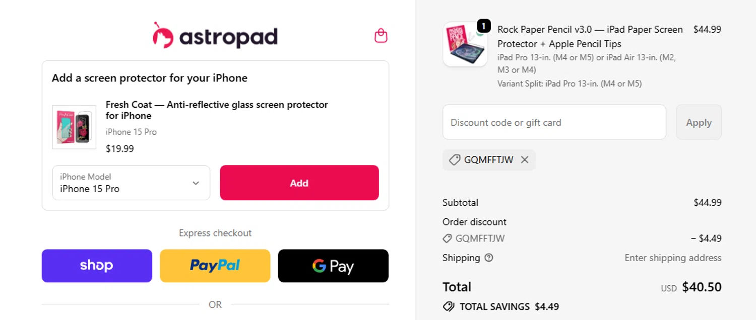 Astropad promo code screenshot showing code GQMFFTJW applied at Astropad checkout page. Uploaded by SimplyCodes community member PaulSkenes on Jun 8, 2026