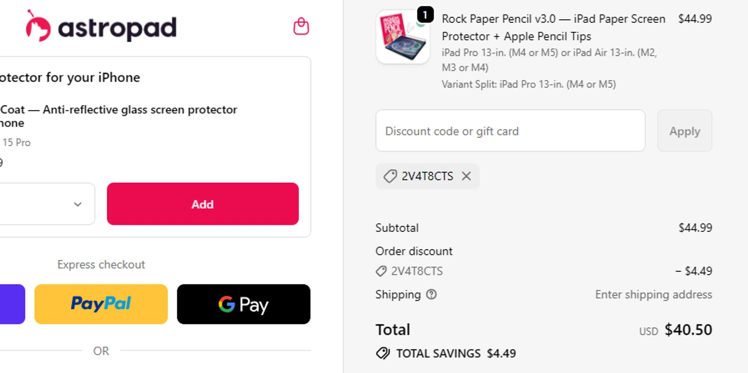 Astropad promo code screenshot showing code 2V4T8CTS applied at Astropad checkout page. Uploaded by SimplyCodes community member SilverMakeup on Jun 8, 2026