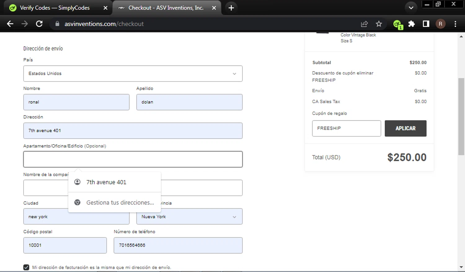 ASV Inventions checkout page showing ASV Inventions coupon code box | Screenshot taken by SimplyCodes community member on Jan 31, 2025