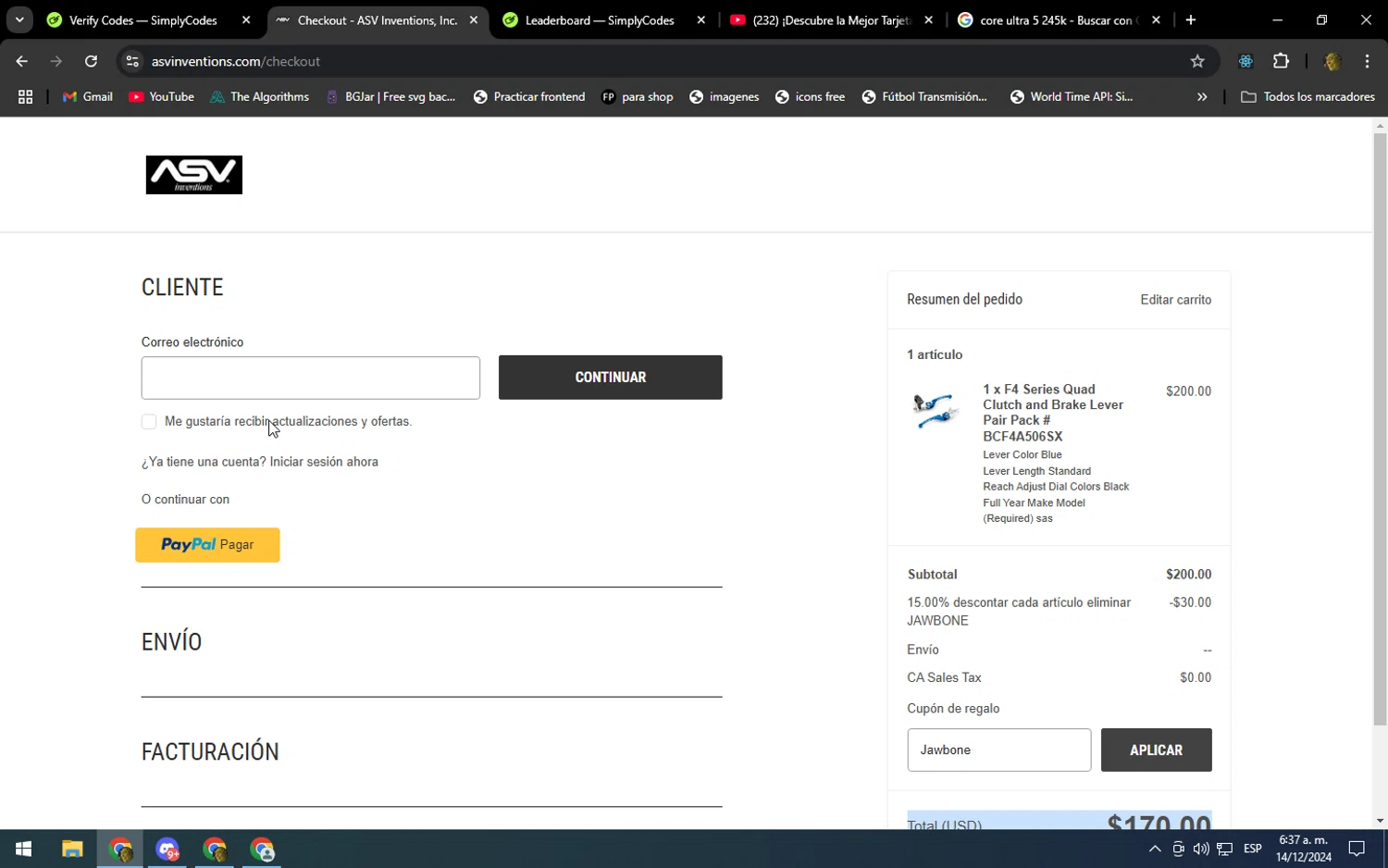 ASV Inventions checkout page showing ASV Inventions coupon code box | Screenshot taken by SimplyCodes community member on Dec 14, 2024