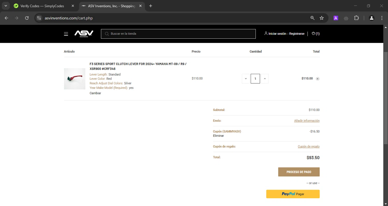 ASV Inventions checkout page showing ASV Inventions coupon code box | Screenshot taken by SimplyCodes community member on Feb 5, 2025