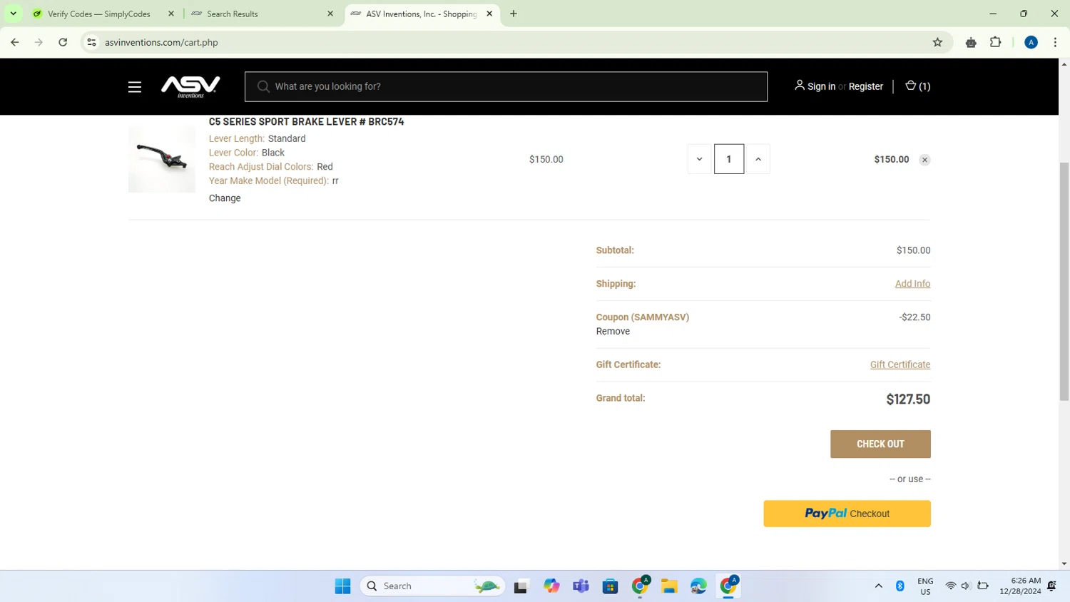 ASV Inventions checkout page showing ASV Inventions coupon code box | Screenshot taken by SimplyCodes community member on Dec 28, 2024