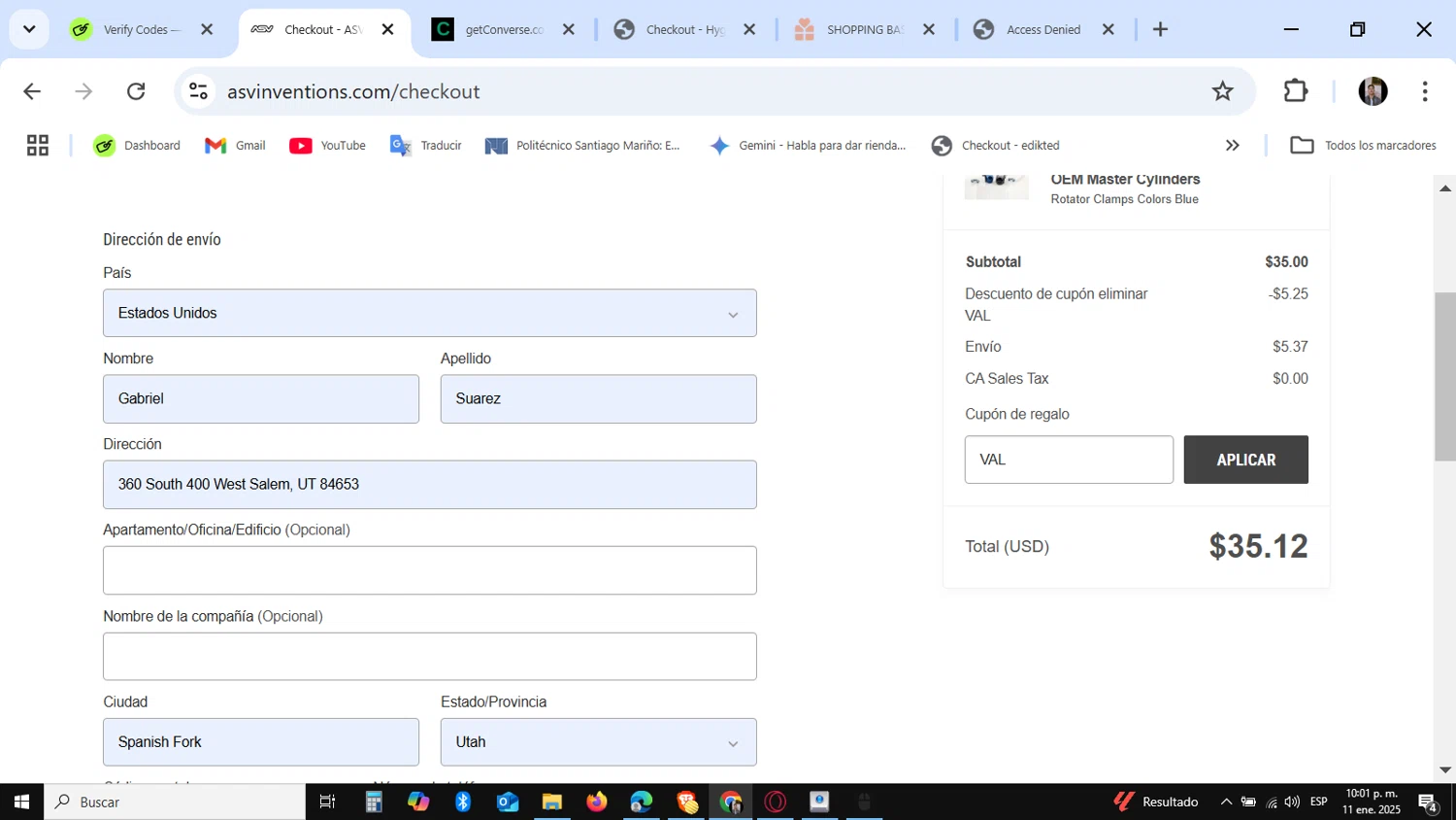 ASV Inventions checkout page showing ASV Inventions coupon code box | Screenshot taken by SimplyCodes community member on Jan 12, 2025