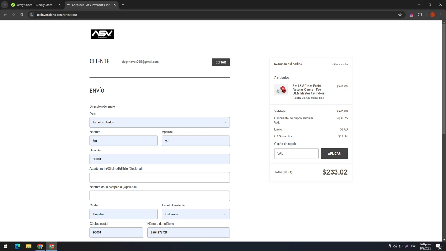 ASV Inventions checkout page showing ASV Inventions coupon code box | Screenshot taken by SimplyCodes community member on Feb 10, 2025