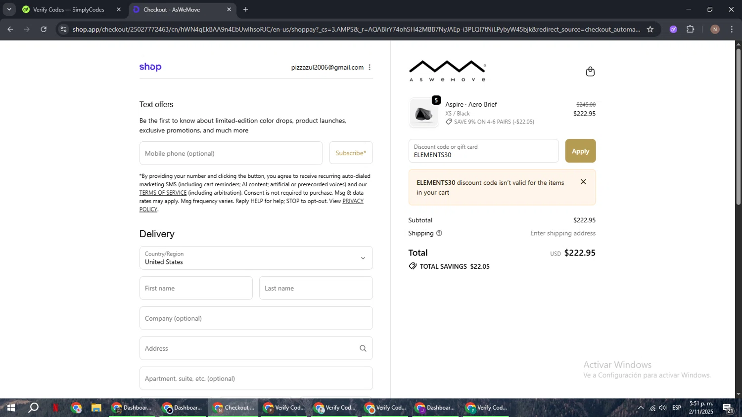 AsWeMove discount code screenshot showing code ELEMENTS30 applied at AsWeMove checkout page. Uploaded by SimplyCodes community member DiscountPioneer2554 on Nov 2, 2025
