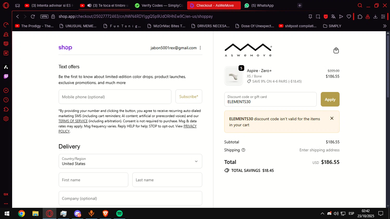 AsWeMove discount code screenshot showing code ELEMENTS30 applied at AsWeMove checkout page. Uploaded by SimplyCodes community member Anteserachido on Oct 23, 2025