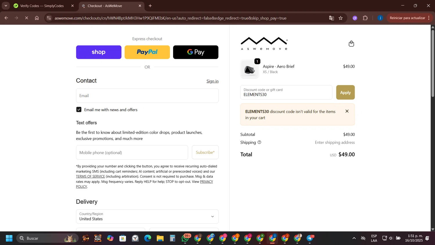 AsWeMove discount code screenshot showing code ELEMENTS30 applied at AsWeMove checkout page. Uploaded by SimplyCodes community member yameteqdasai on Oct 16, 2025