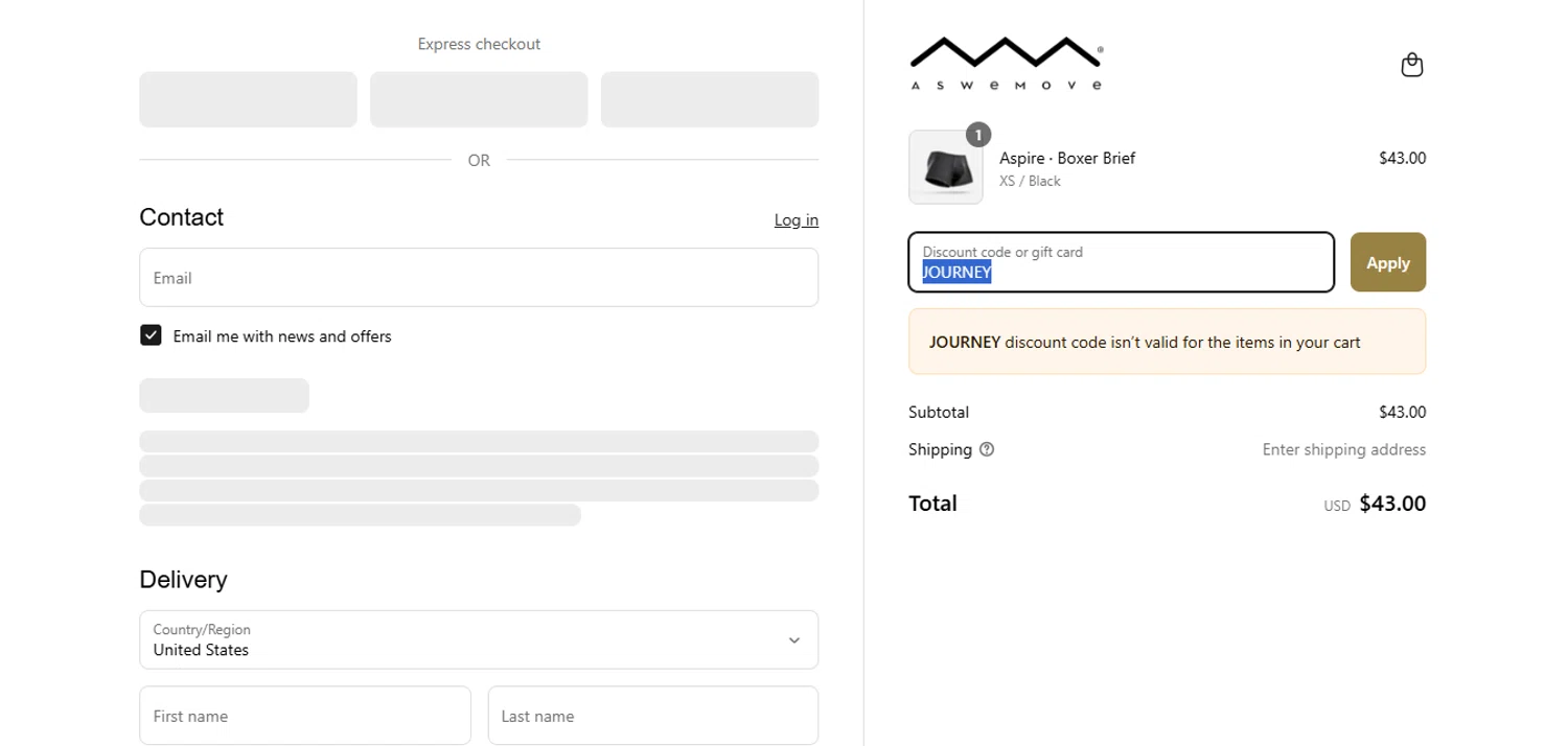 AsWeMove discount code screenshot showing code JOURNEY applied at AsWeMove checkout page. Uploaded by SimplyCodes community member CoinWarden5517 on Apr 20, 2025