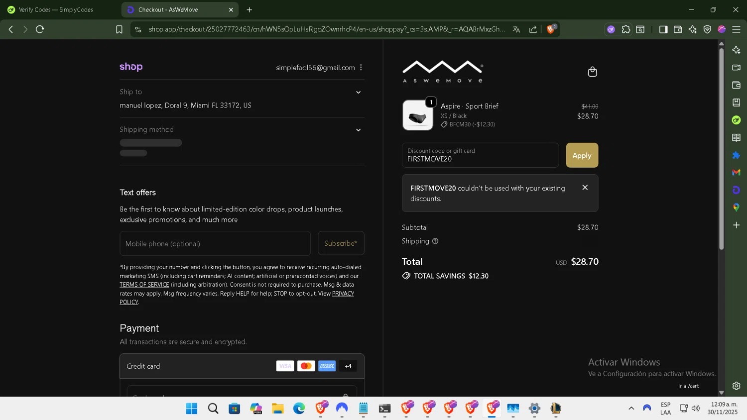AsWeMove discount code screenshot showing code FIRSTMOVE20 applied at AsWeMove checkout page. Uploaded by SimplyCodes community member ArtPOPO on Nov 30, 2025