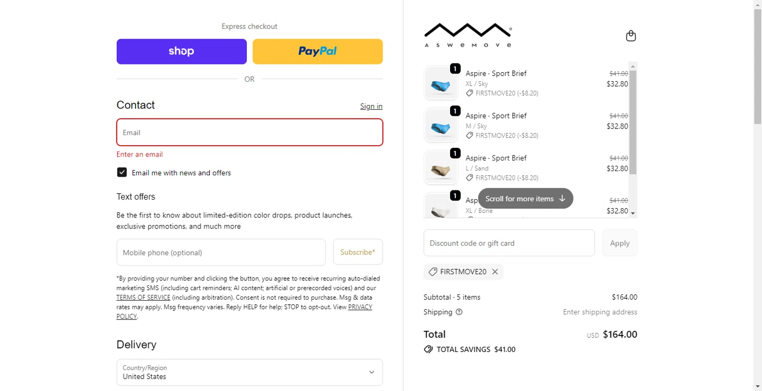 AsWeMove discount code screenshot showing code FIRSTMOVE20 applied at AsWeMove checkout page. Uploaded by SimplyCodes community member DiscountTracker247 on Oct 19, 2025