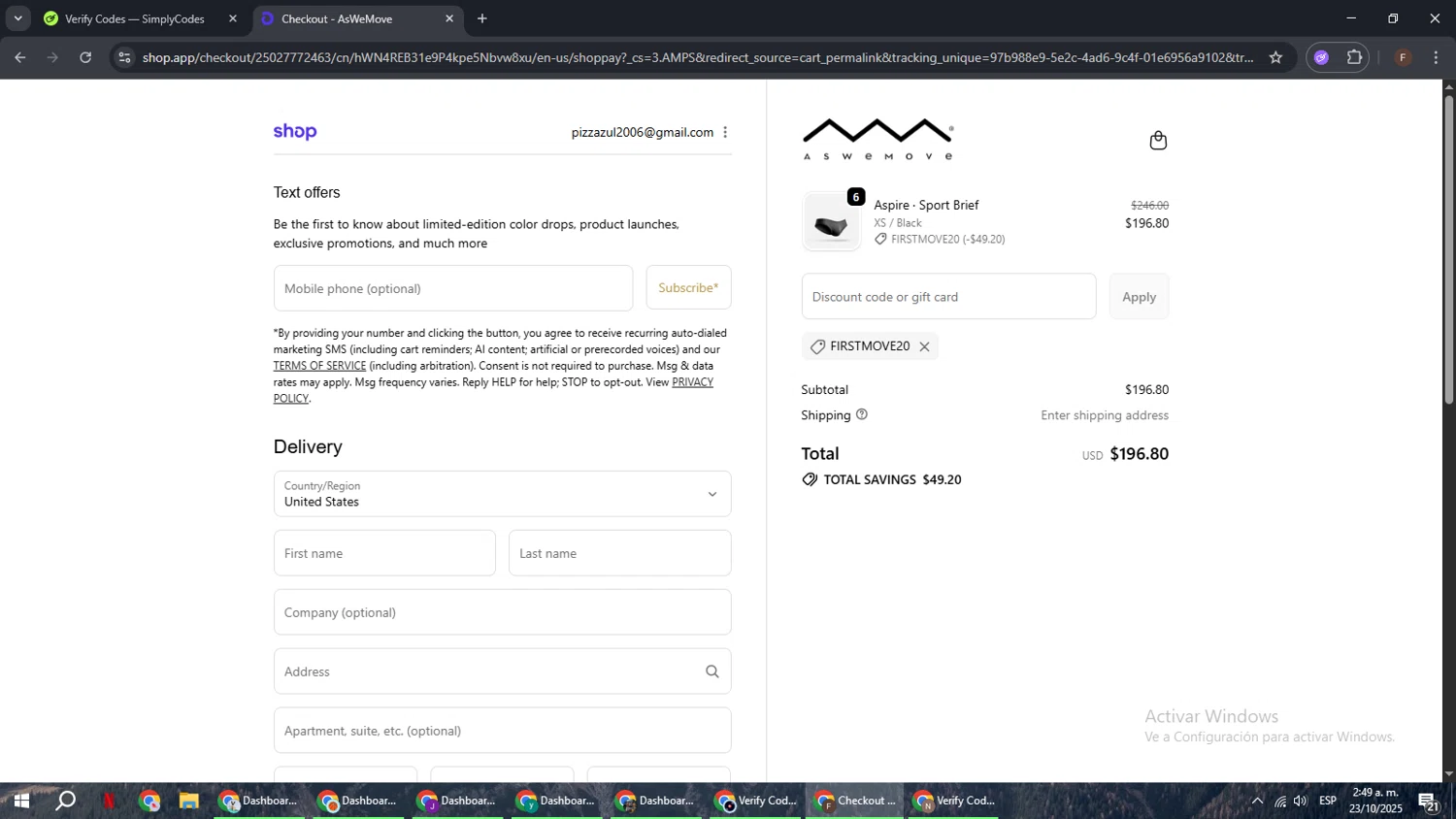 AsWeMove discount code screenshot showing code FIRSTMOVE20 applied at AsWeMove checkout page. Uploaded by SimplyCodes community member ExtraordinaryHunter3076 on Oct 23, 2025