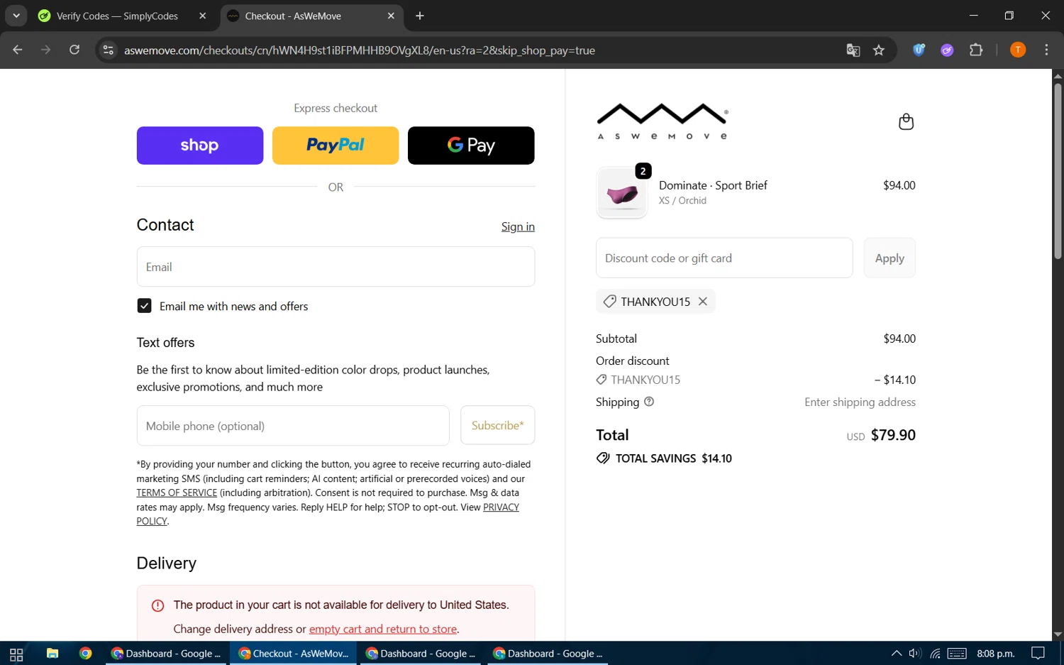 AsWeMove discount code screenshot showing code THANKYOU15 applied at AsWeMove checkout page. Uploaded by SimplyCodes community member EpicHero3141 on Oct 19, 2025