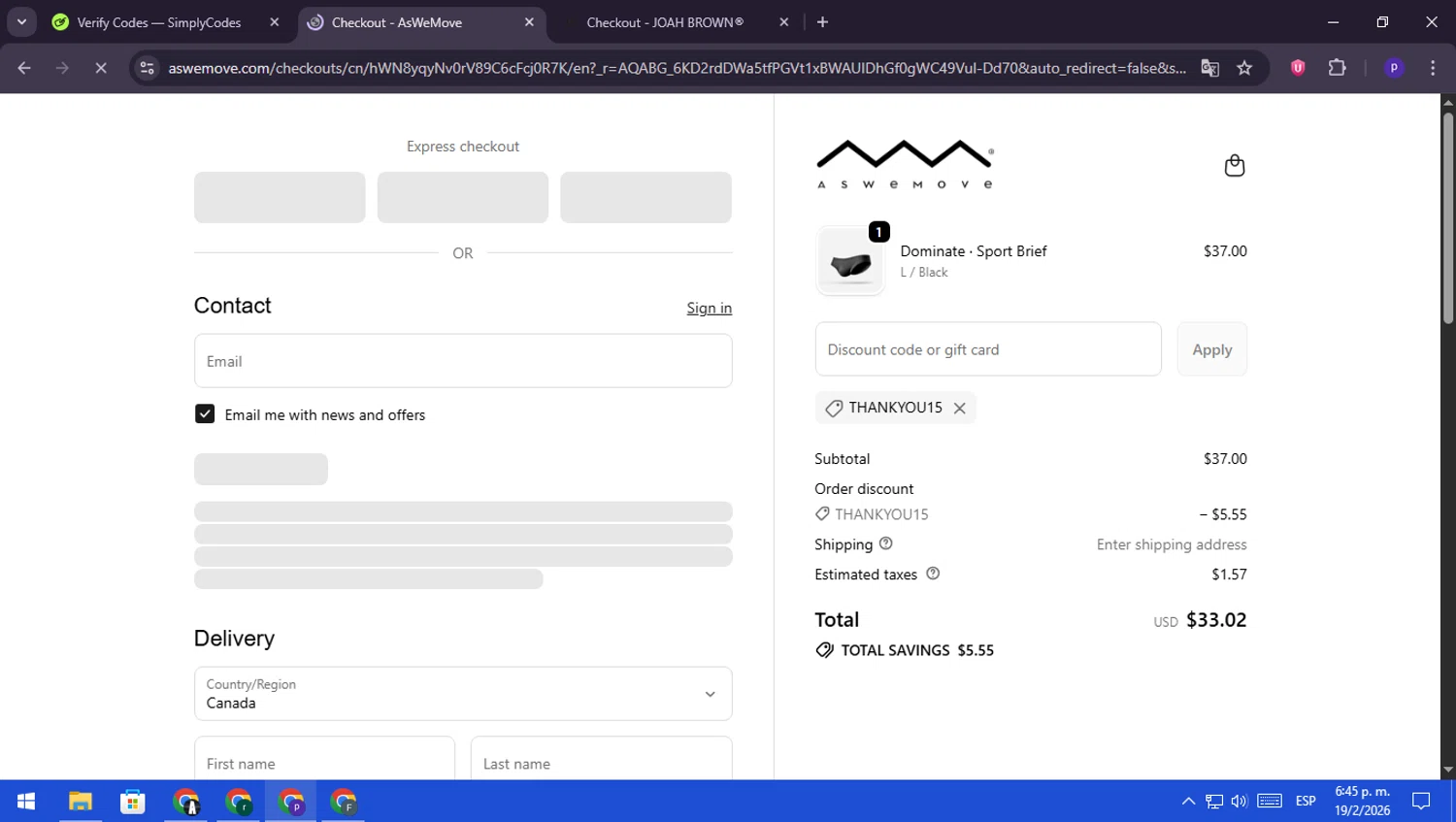 AsWeMove checkout page showing AsWeMove discount code box | Screenshot taken by SimplyCodes community member on Feb 19, 2026