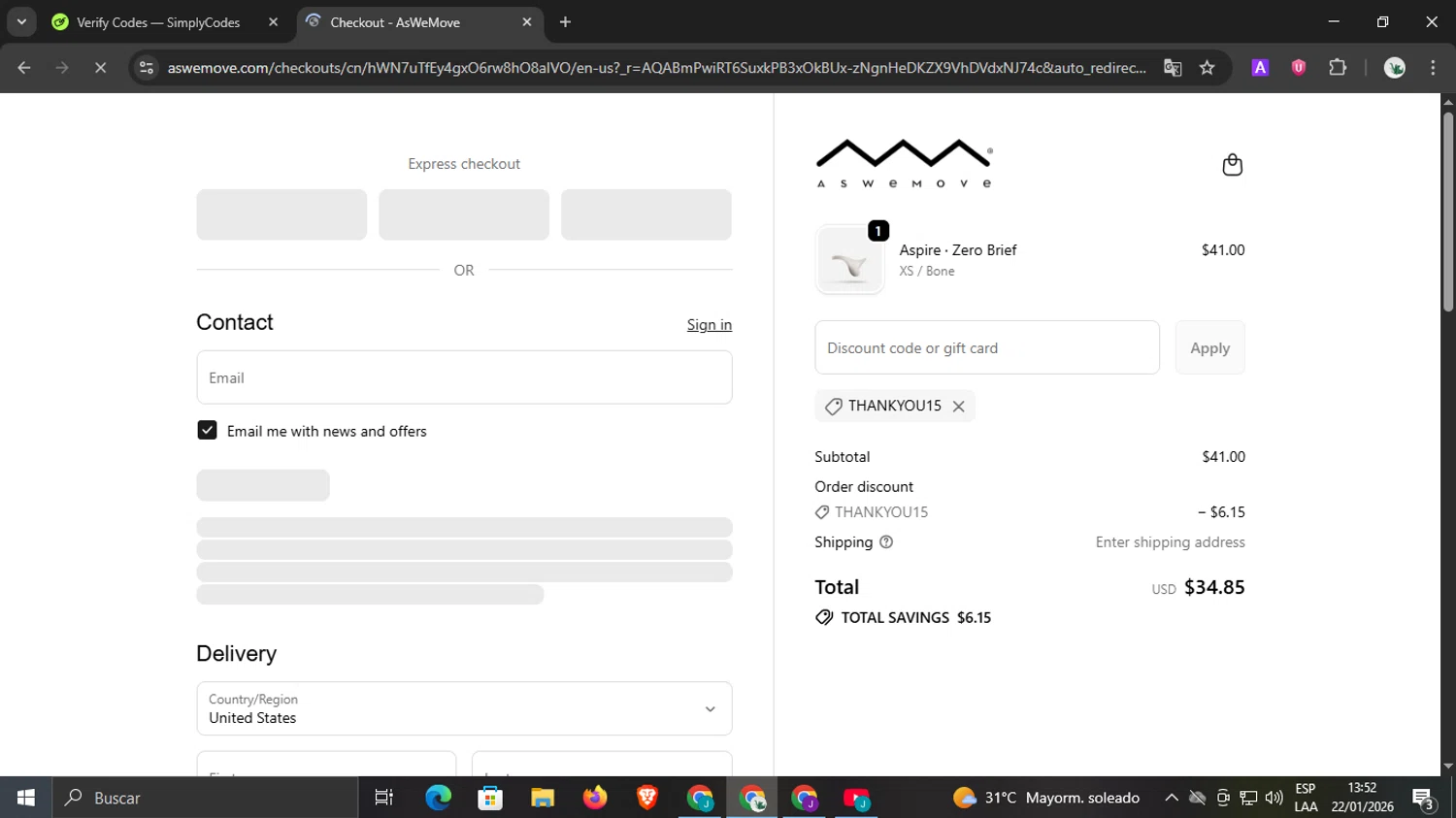 AsWeMove discount code screenshot showing code THANKYOU15 applied at AsWeMove checkout page. Uploaded by SimplyCodes community member underwater on Jan 22, 2026