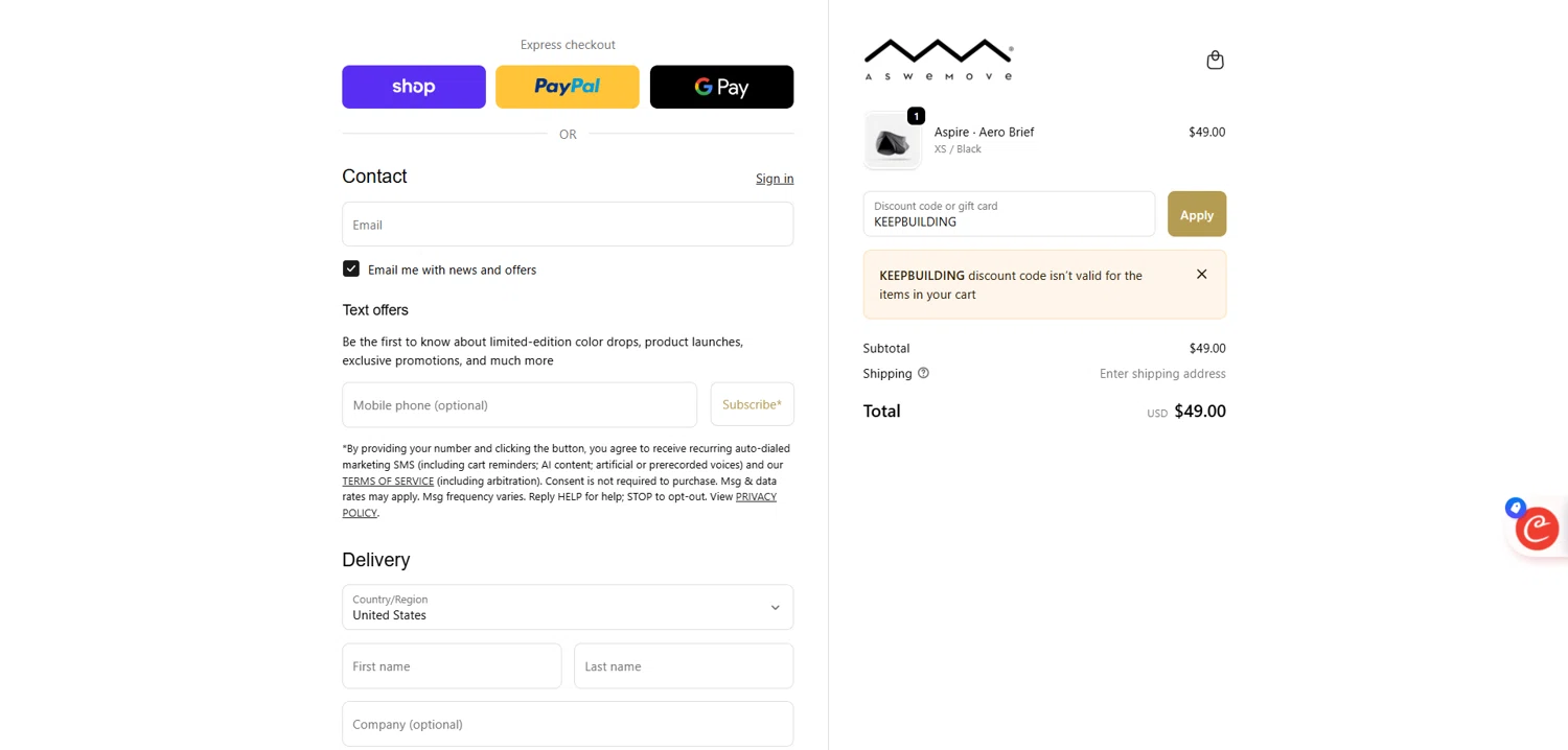 AsWeMove discount code screenshot showing code KEEPBUILDING applied at AsWeMove checkout page. Uploaded by SimplyCodes community member Dorothy on Oct 8, 2025