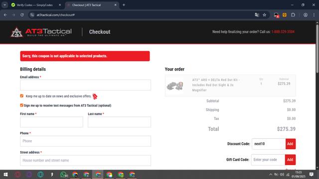 AT3 Tactical checkout page showing AT3 Tactical discount code box | Screenshot taken by SimplyCodes community member on Sep 1, 2025