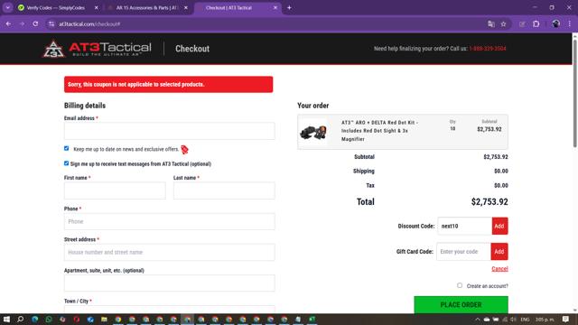 AT3 Tactical checkout page showing AT3 Tactical discount code box | Screenshot taken by SimplyCodes community member on Sep 1, 2025