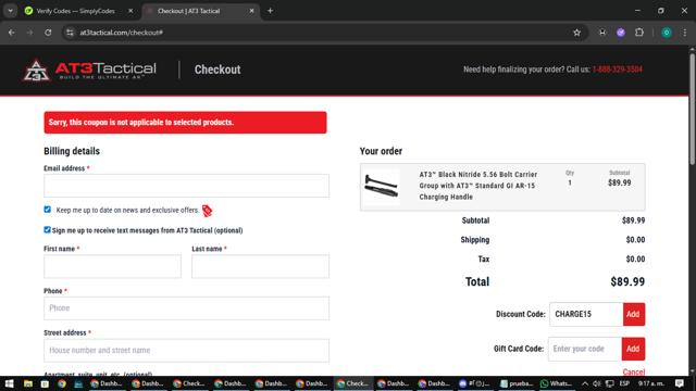 AT3 Tactical checkout page showing AT3 Tactical discount code box | Screenshot taken by SimplyCodes community member on Sep 12, 2025