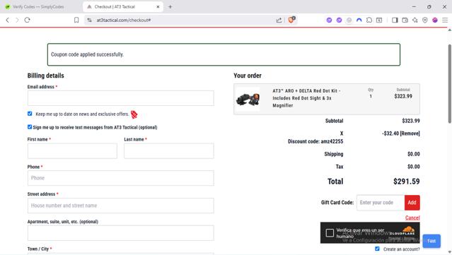 AT3 Tactical checkout page showing AT3 Tactical discount code box | Screenshot taken by SimplyCodes community member on Aug 24, 2025