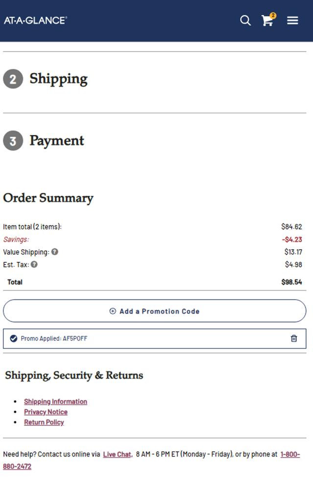 At-A-Glance checkout page showing At-A-Glance coupon code box | Screenshot taken by SimplyCodes community member on Sep 5, 2025