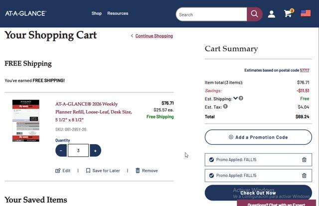 At-A-Glance checkout page showing At-A-Glance coupon code box | Screenshot taken by SimplyCodes community member on Sep 15, 2025