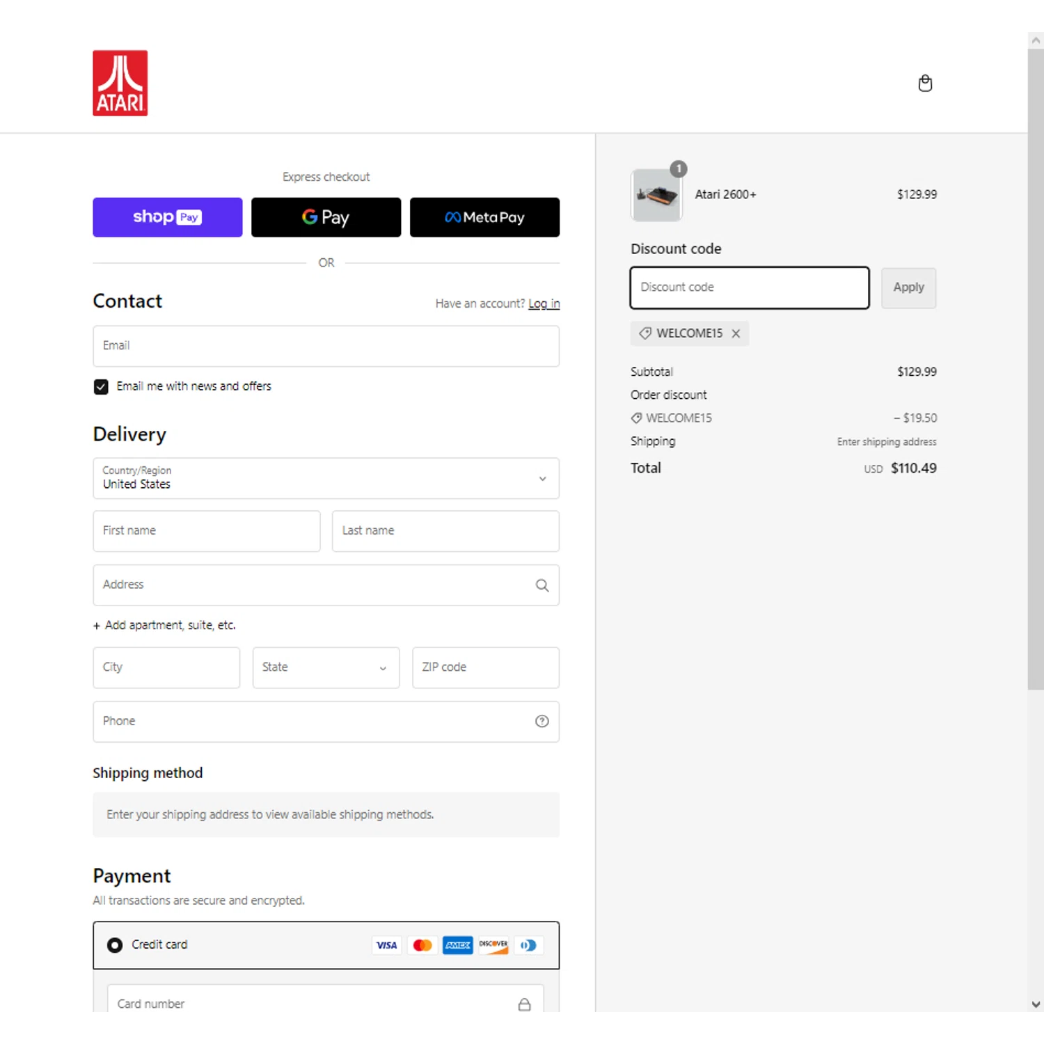 Atari checkout page showing Atari discount code box | Screenshot taken by SimplyCodes community member on Sep 1, 2023
