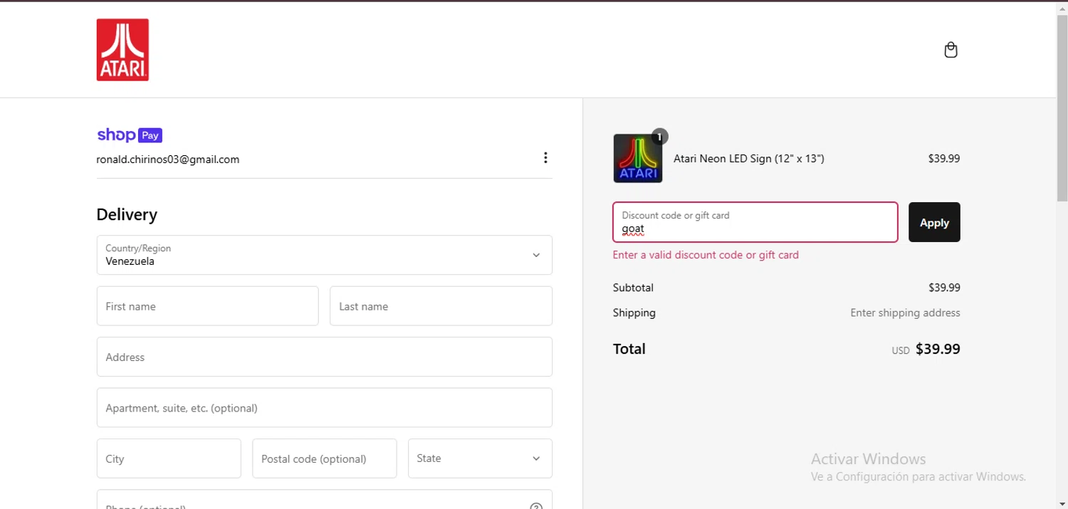 Atari discount code screenshot showing code goat applied at Atari checkout page. Uploaded by SimplyCodes community member BaelorTargaryen on Feb 20, 2025