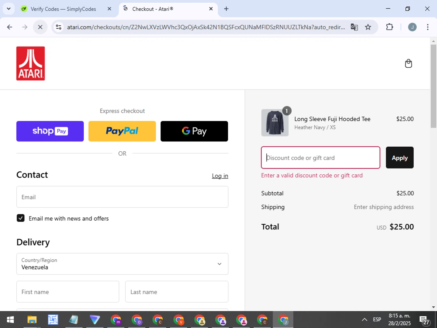 Atari discount code screenshot showing code ATRGIFT15 applied at Atari checkout page. Uploaded by SimplyCodes community member ValueTracker8384 on Feb 28, 2025