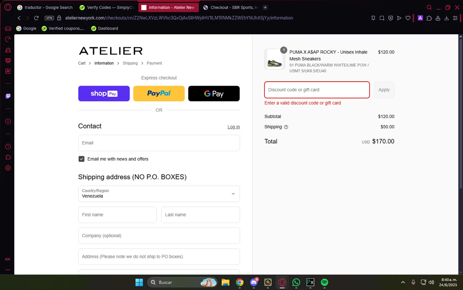 Atelier coupon code screenshot showing code WELCOME10 applied at Atelier checkout page. Uploaded by SimplyCodes community member PrimeVirtuoso9679 on Jun 24, 2025