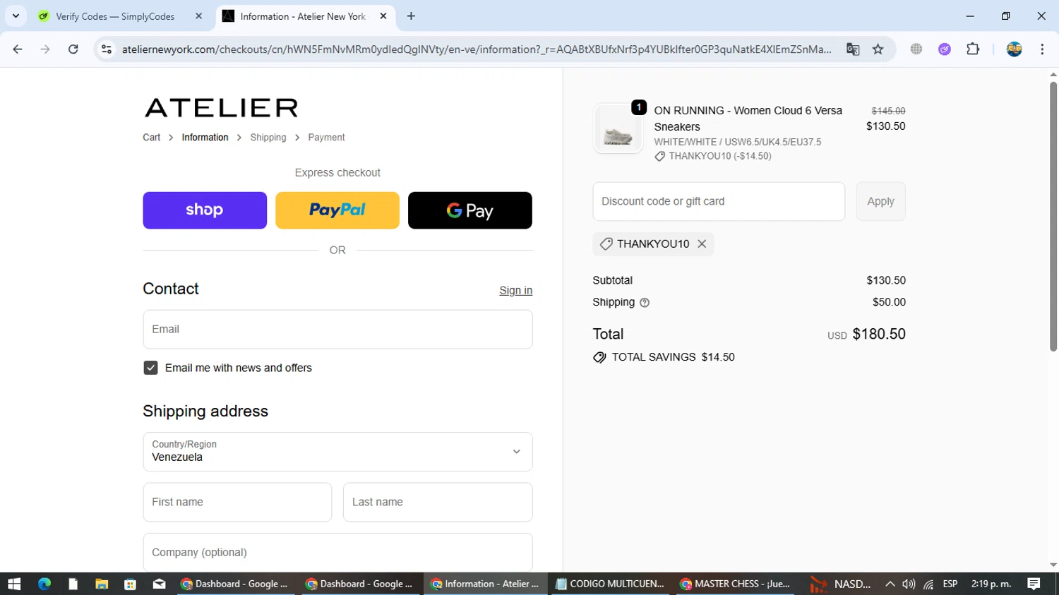 Atelier coupon code screenshot showing code THANKYOU10 applied at Atelier checkout page. Uploaded by SimplyCodes community member EpicTracker8800 on Nov 13, 2025