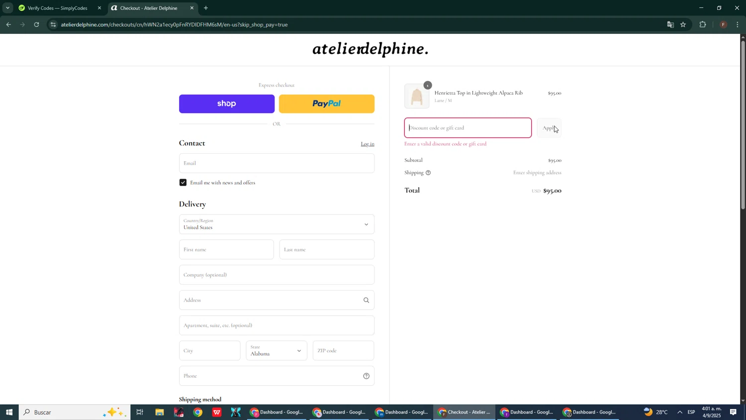 Atelier Delphine promo code screenshot showing code SALE20 applied at Atelier Delphine checkout page. Uploaded by SimplyCodes community member Pirlo420 on Sep 4, 2025