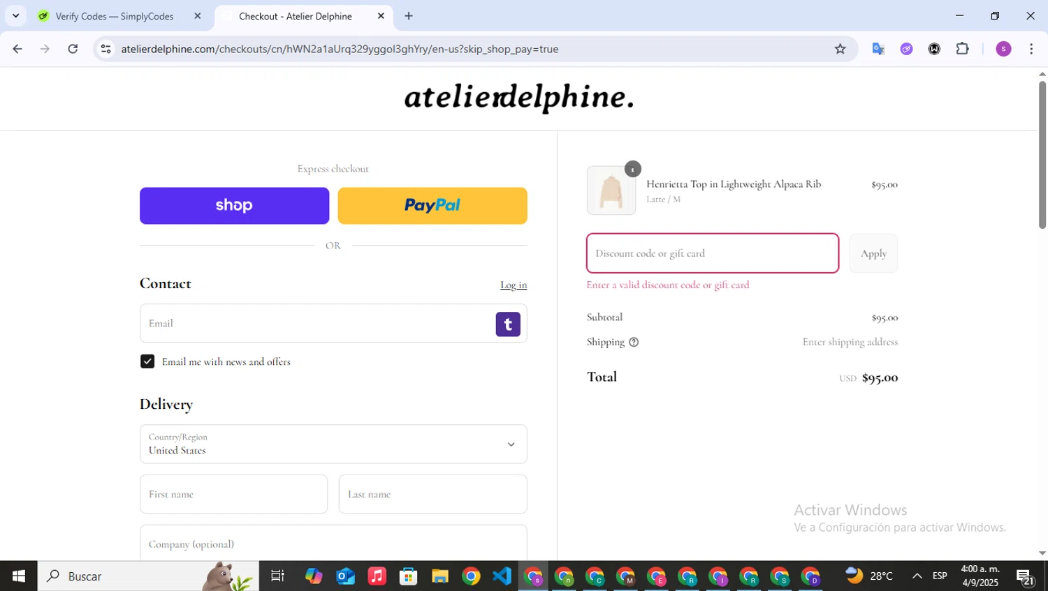 Atelier Delphine promo code screenshot showing code SALE20 applied at Atelier Delphine checkout page. Uploaded by SimplyCodes community member WonderPioneer5062 on Sep 4, 2025