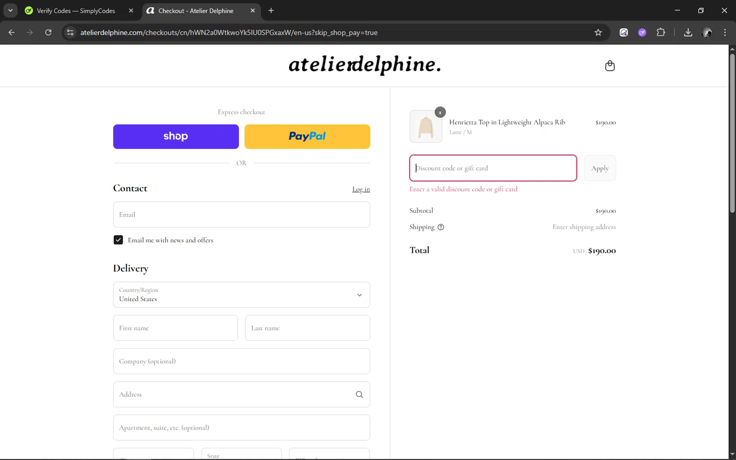 Atelier Delphine promo code screenshot showing code SALE20 applied at Atelier Delphine checkout page. Uploaded by SimplyCodes community member TUNGTUNG on Sep 4, 2025