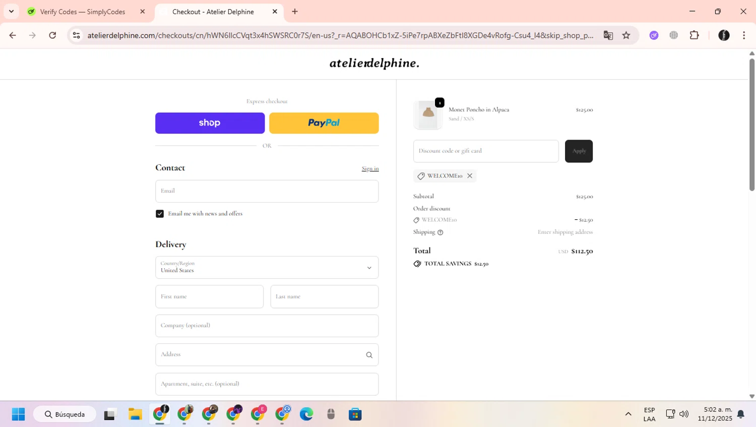 Atelier Delphine promo code screenshot showing code WELCOME10 applied at Atelier Delphine checkout page. Uploaded by SimplyCodes community member ChinoYugiXD on Dec 11, 2025