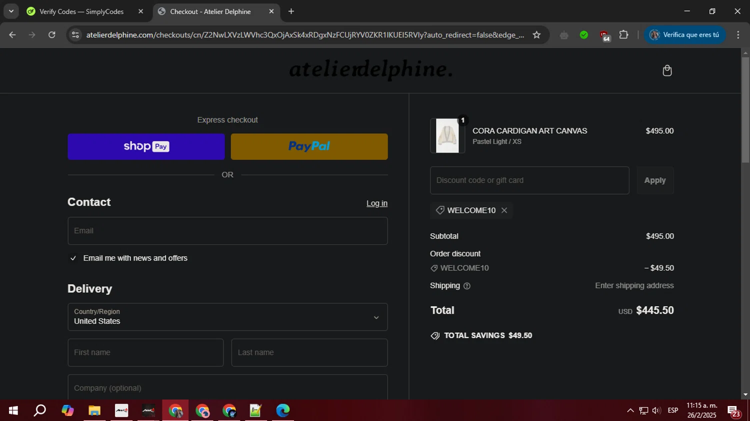 Atelier Delphine promo code screenshot showing code WELCOME10 applied at Atelier Delphine checkout page. Uploaded by SimplyCodes community member PrimeTiger1163 on Feb 26, 2025