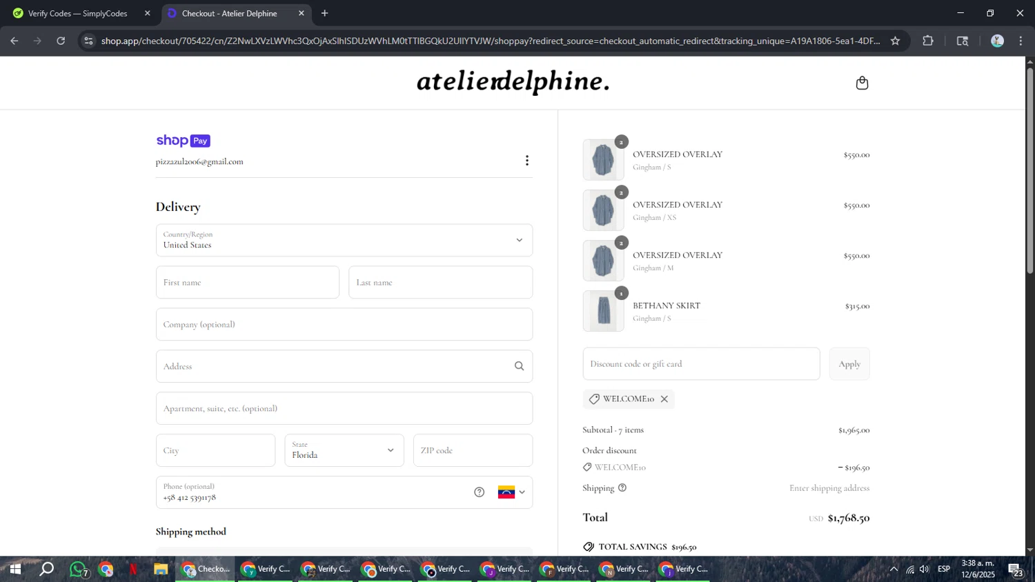 Atelier Delphine promo code screenshot showing code WELCOME10 applied at Atelier Delphine checkout page. Uploaded by SimplyCodes community member ShrewdSeeker6165 on Jun 12, 2025
