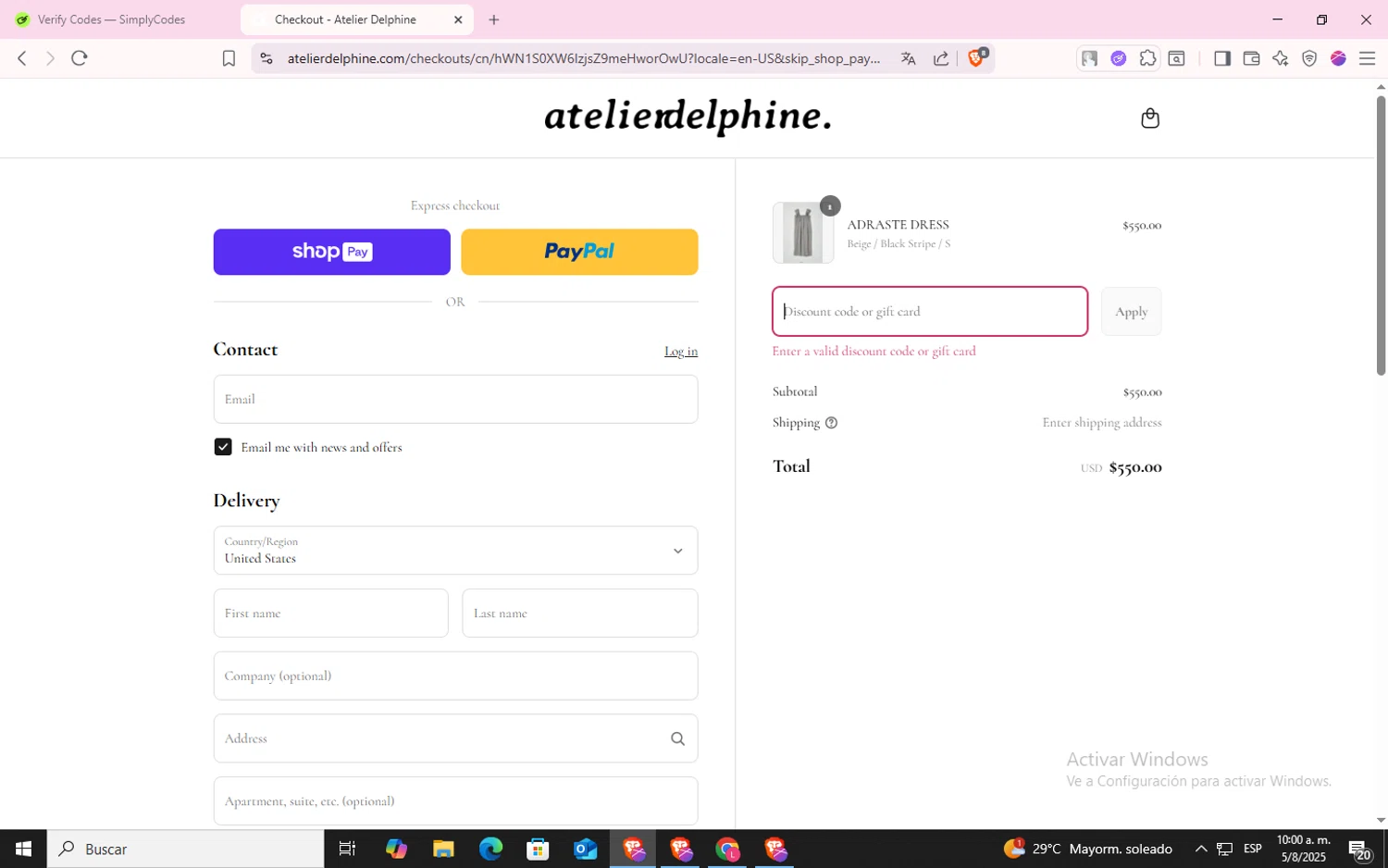 Atelier Delphine promo code screenshot showing code drape20 applied at Atelier Delphine checkout page. Uploaded by SimplyCodes community member CodeLynx5272 on Aug 5, 2025