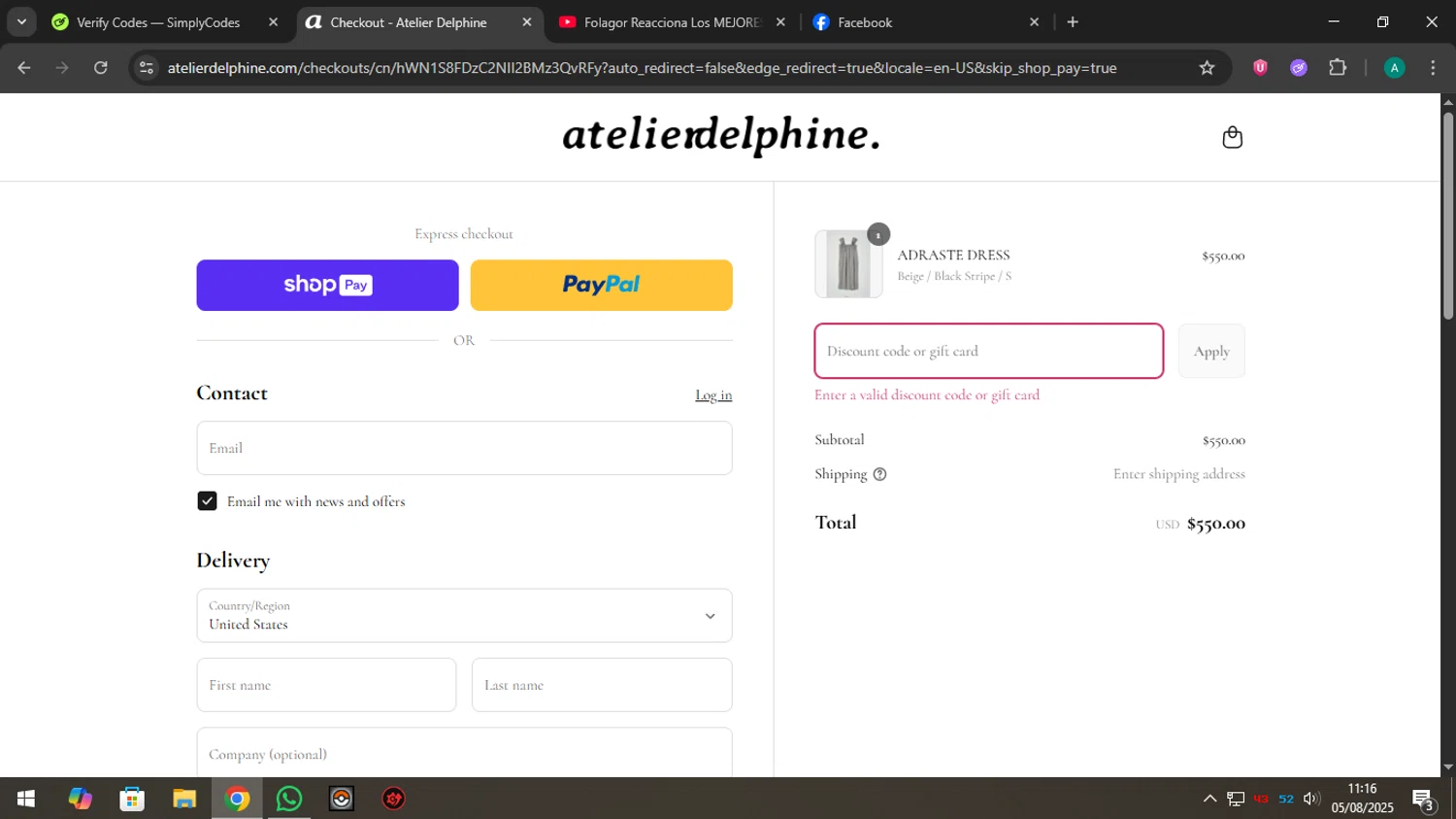 Atelier Delphine promo code screenshot showing code drape20 applied at Atelier Delphine checkout page. Uploaded by SimplyCodes community member Holadiablo on Aug 5, 2025