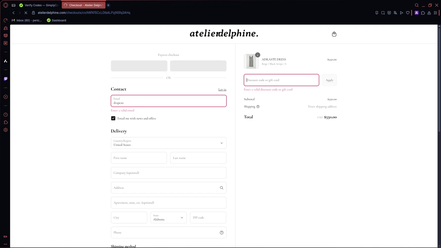 Atelier Delphine promo code screenshot showing code drape20 applied at Atelier Delphine checkout page. Uploaded by SimplyCodes community member ThriftyMaverick5752 on Aug 5, 2025