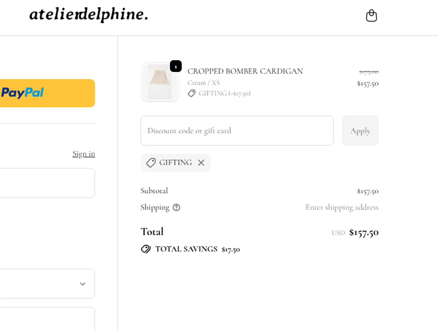 Atelier Delphine promo code screenshot showing code Gifting applied at Atelier Delphine checkout page. Uploaded by SimplyCodes community member salepmigajera on Nov 24, 2025