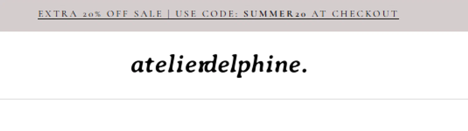 Atelier Delphine promo code screenshot showing code SUMMER20 applied at Atelier Delphine checkout page. Uploaded by SimplyCodes community member aumentadax10 on Jul 18, 2025