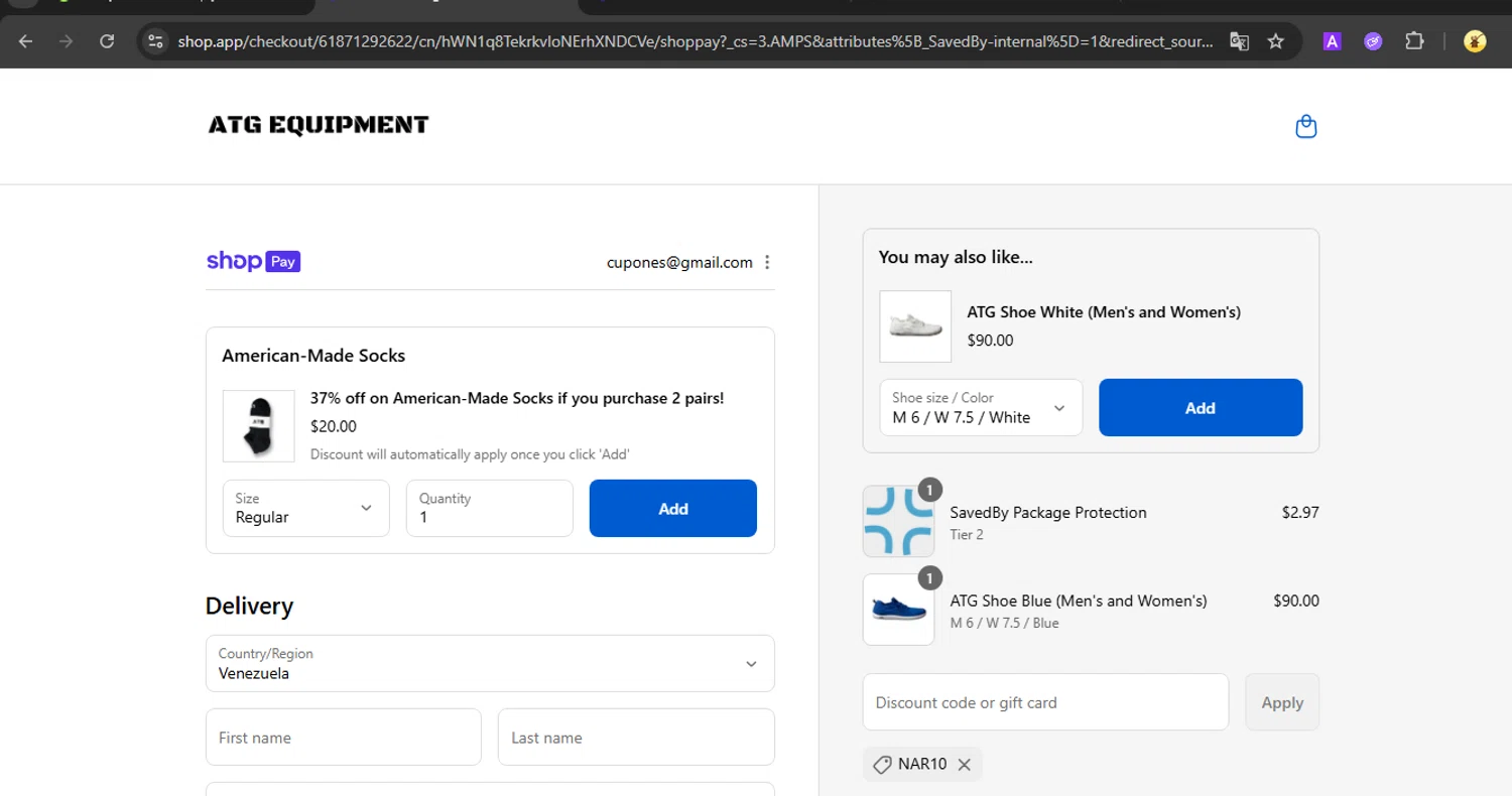 ATG Equipment discount code screenshot showing code NAR10 applied at ATG Equipment checkout page. Uploaded by SimplyCodes community member SmartVoyager1455 on Aug 15, 2025