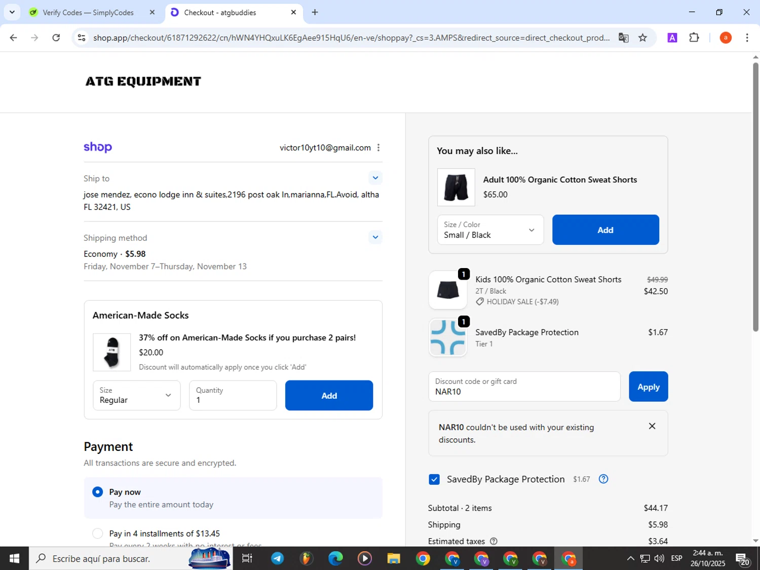 ATG Equipment discount code screenshot showing code NAR10 applied at ATG Equipment checkout page. Uploaded by SimplyCodes community member partenalgas on Oct 26, 2025