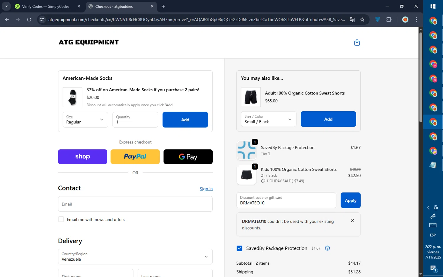 ATG Equipment discount code screenshot showing code DRMATEO10 applied at ATG Equipment checkout page. Uploaded by SimplyCodes community member GoldPilot5958 on Nov 7, 2025