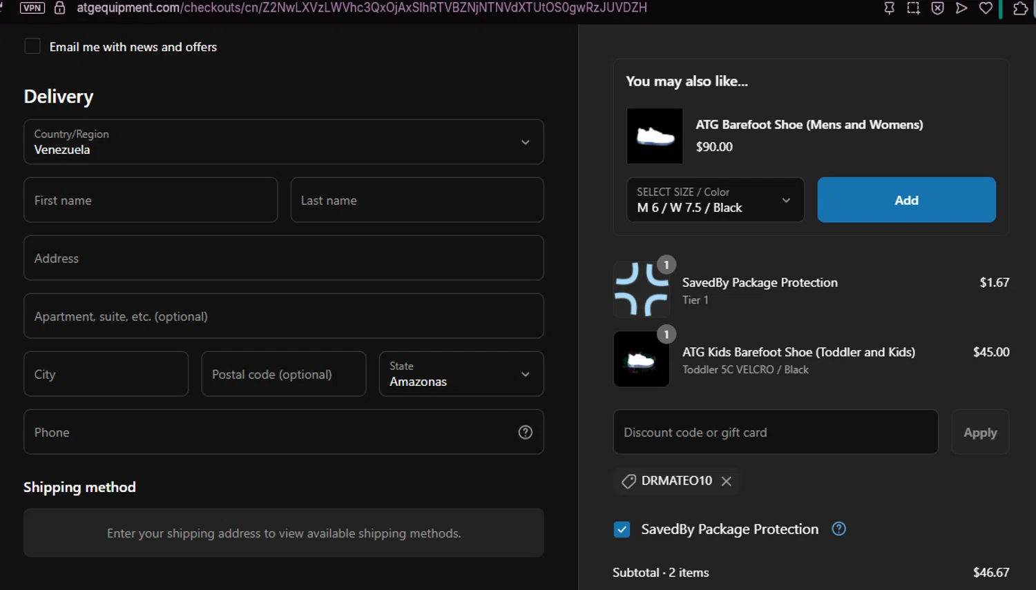 ATG Equipment discount code screenshot showing code DRMATEO10 applied at ATG Equipment checkout page. Uploaded by SimplyCodes community member chepipi on Jun 14, 2025
