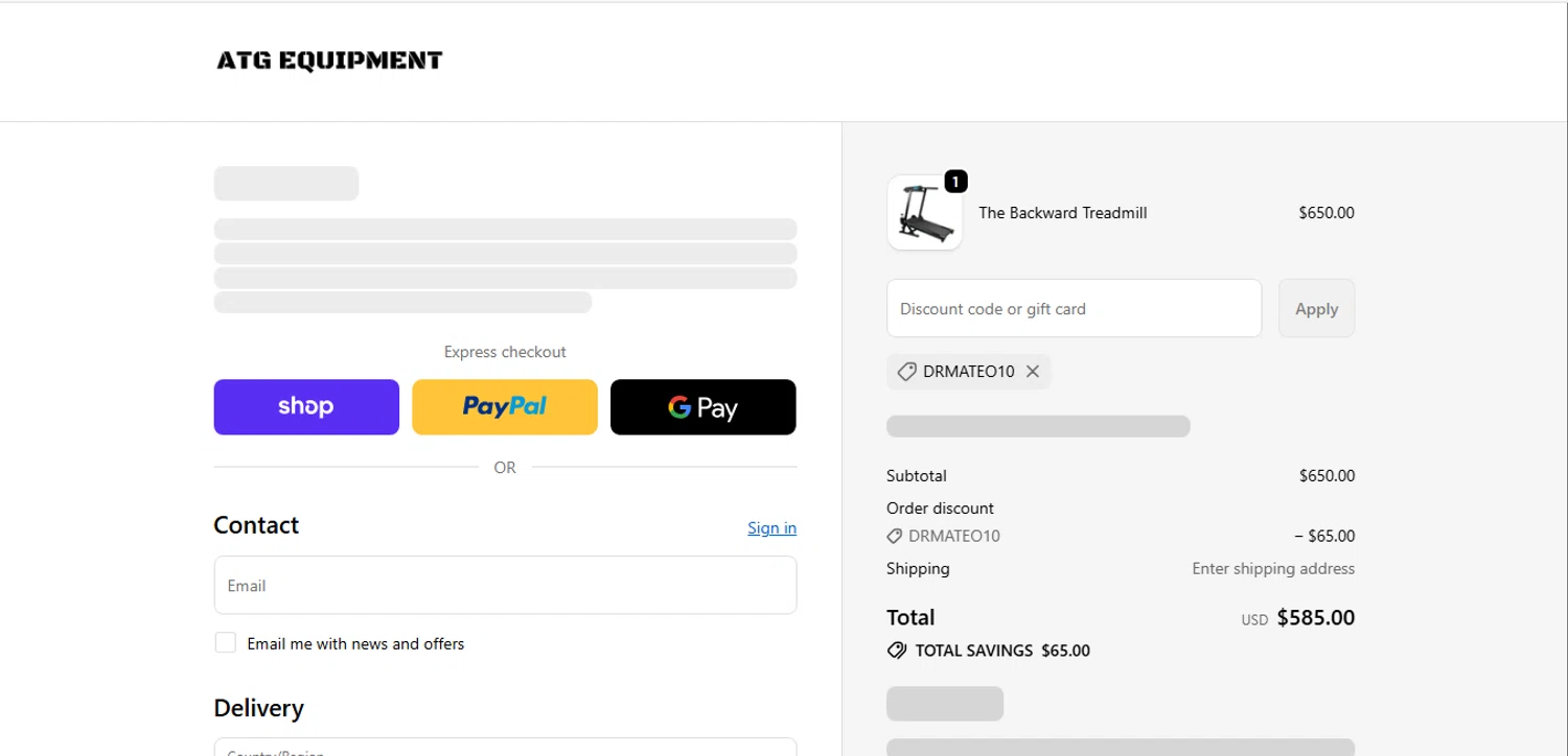 ATG Equipment discount code screenshot showing code DRMATEO10 applied at ATG Equipment checkout page. Uploaded by SimplyCodes community member xHRxUltrax on Oct 17, 2025