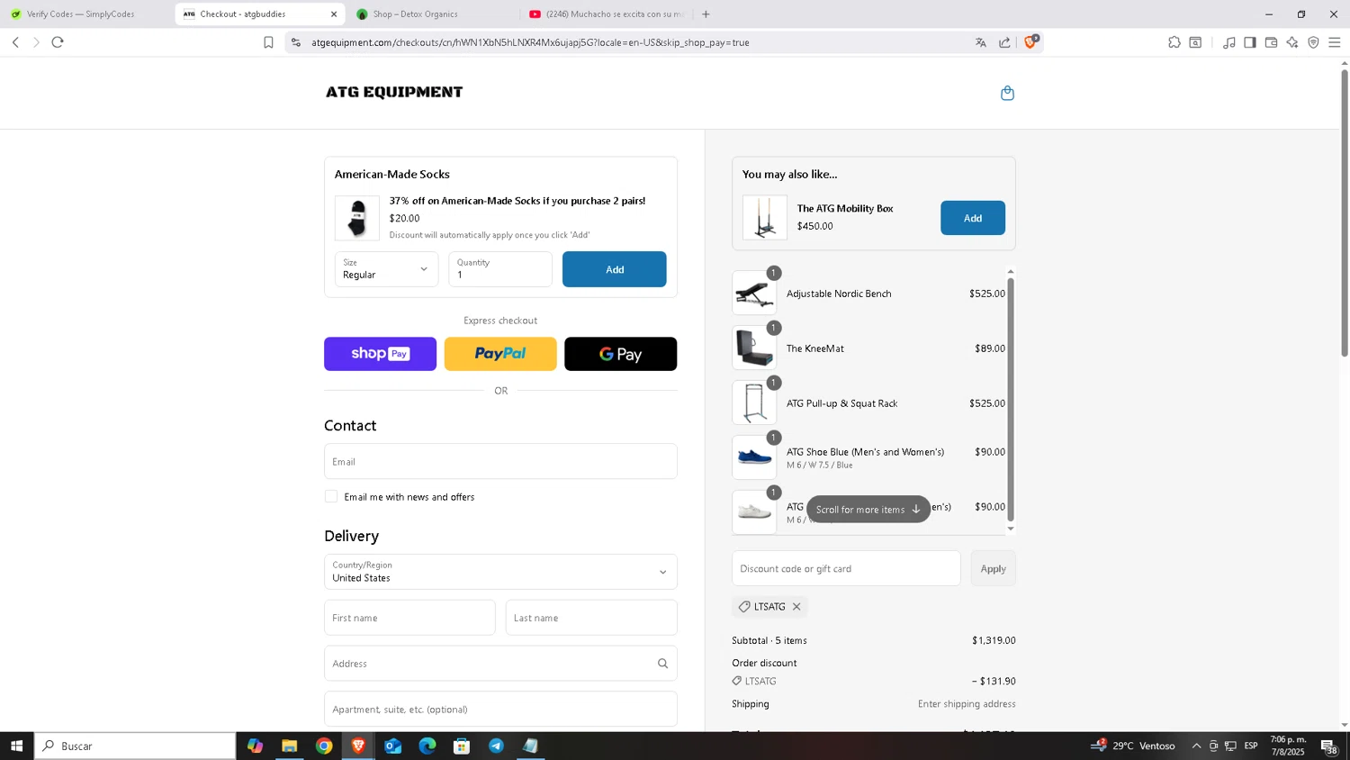 ATG Equipment discount code screenshot showing code LTSATG applied at ATG Equipment checkout page. Uploaded by SimplyCodes community member Carloscoder_900457733 on Aug 7, 2025