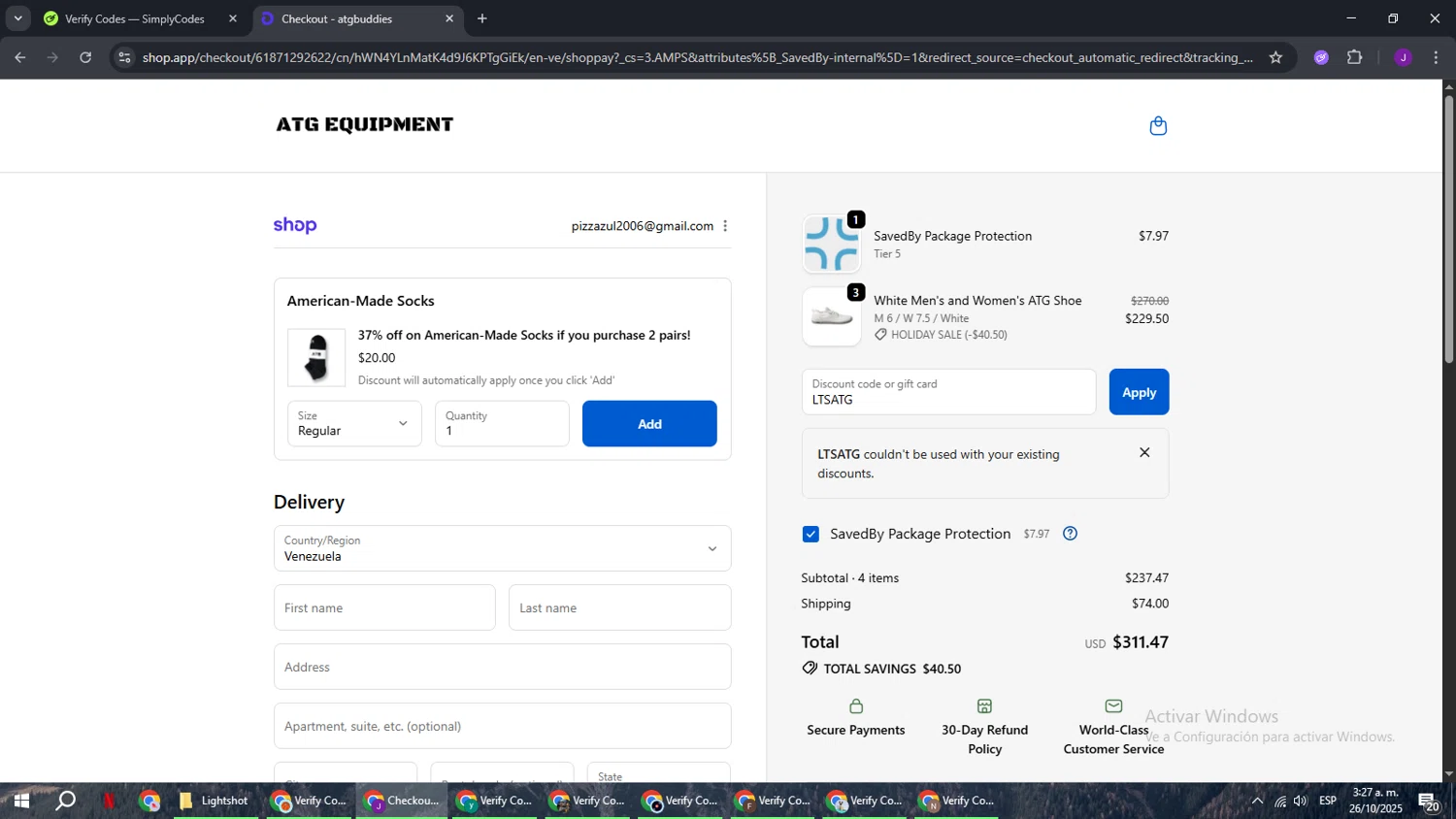 ATG Equipment discount code screenshot showing code LTSATG applied at ATG Equipment checkout page. Uploaded by SimplyCodes community member ComeBurra123 on Oct 26, 2025